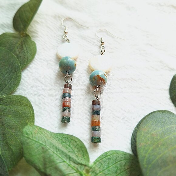 Mother of Pearl & Jasper Earrings – Coastal Boho Dangle Earrings, Handmade - Picture 5 of 10